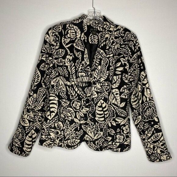 ELCC Blazer Womens M Black Cream Batik Leaf Floral Print 3 Button Jacket Vintage - Picture 2 of 8